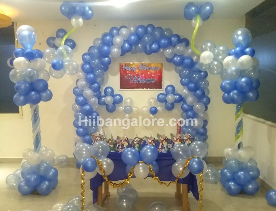 Blue and silver birthday party balloon decorators Bangalore