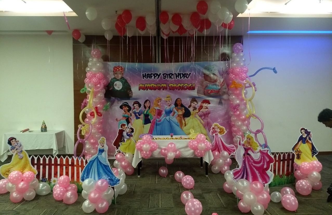 Princess theme banner birthday party balloon decorators Bangalore