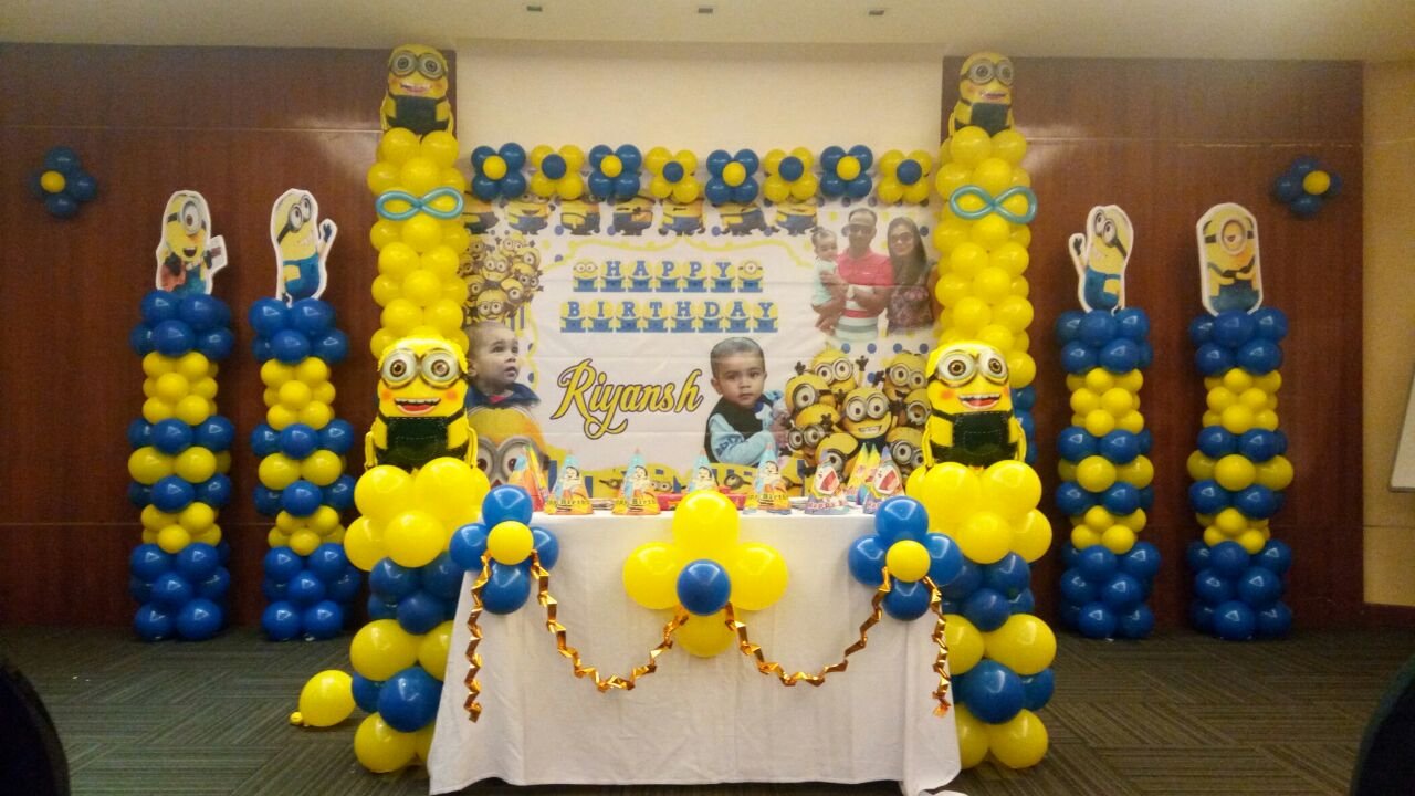 Minions theme banner birthday party balloon decorators Bangalore