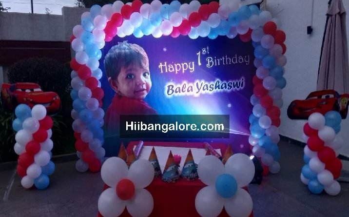 Baby photo banner theme birthday party balloon decorators Bangalore