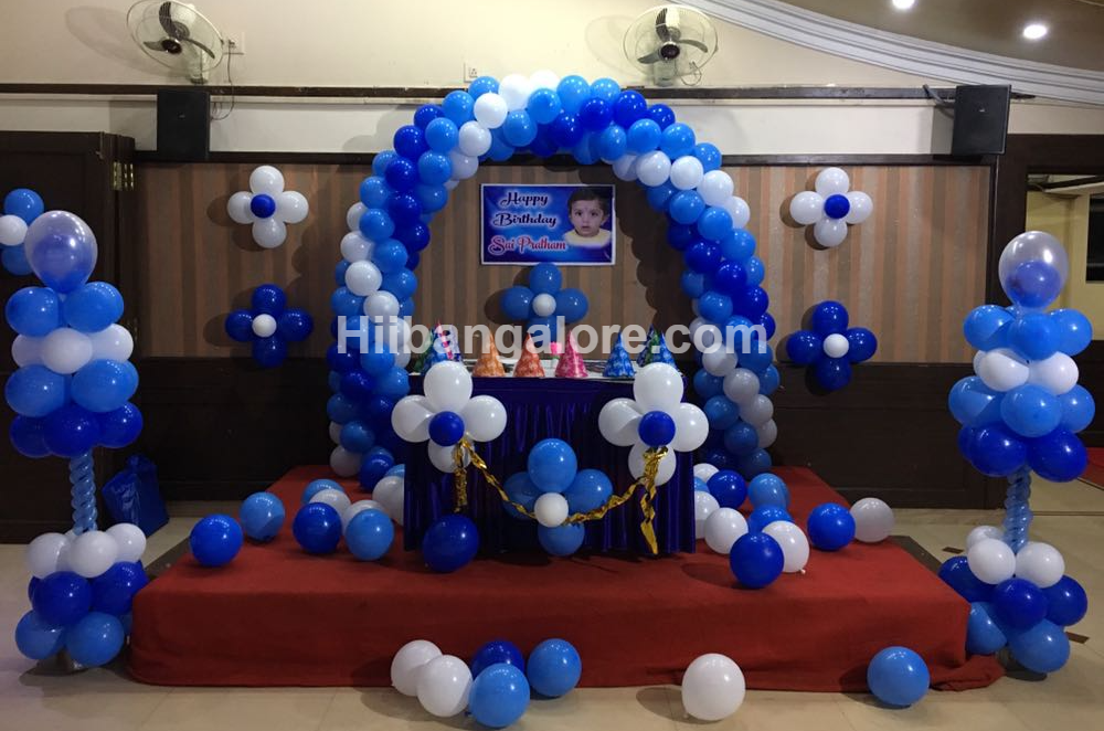 Blue and white birthday event balloon decorators Bangalore