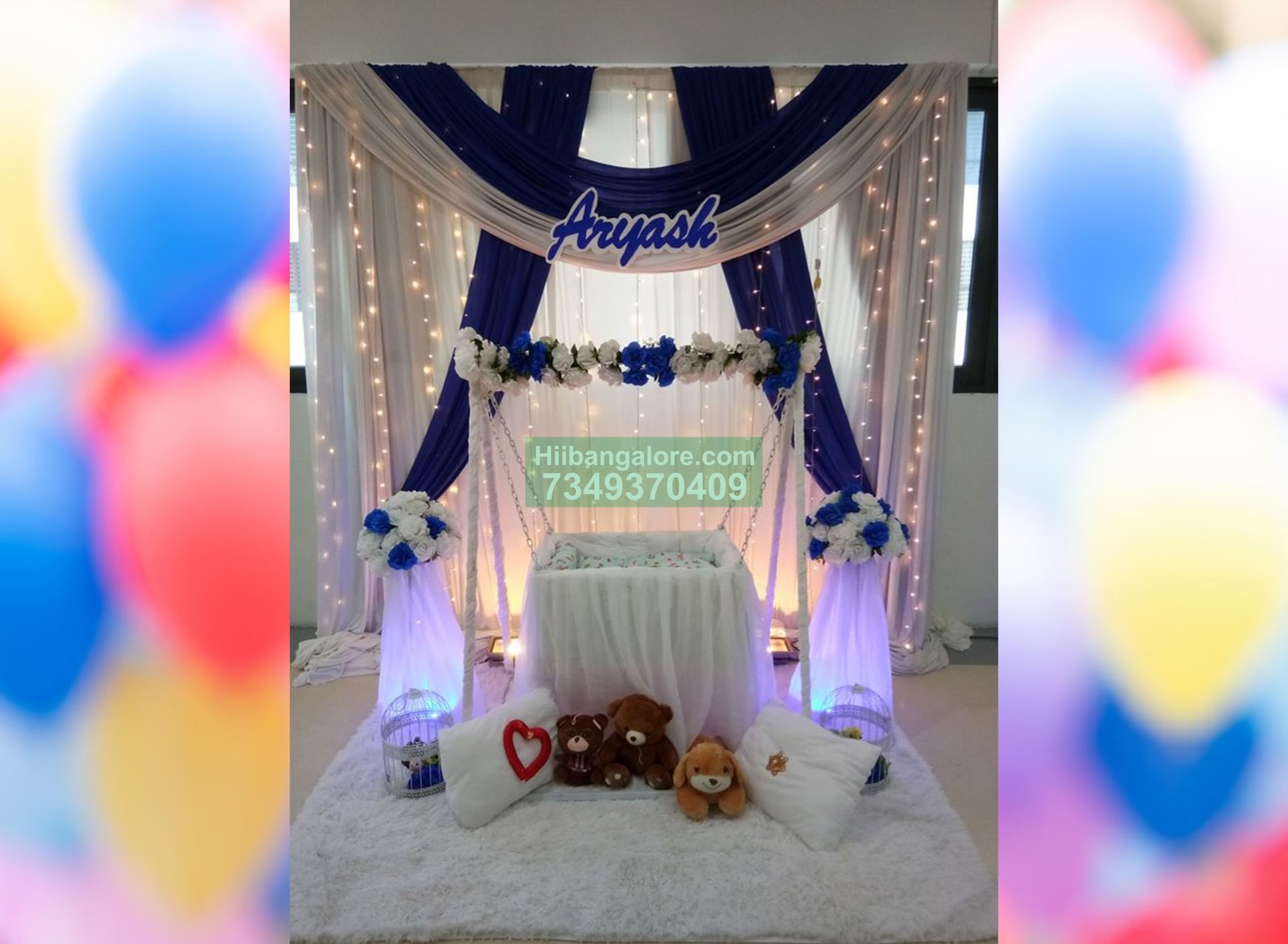 Blue naming ceremony floral decoration at home