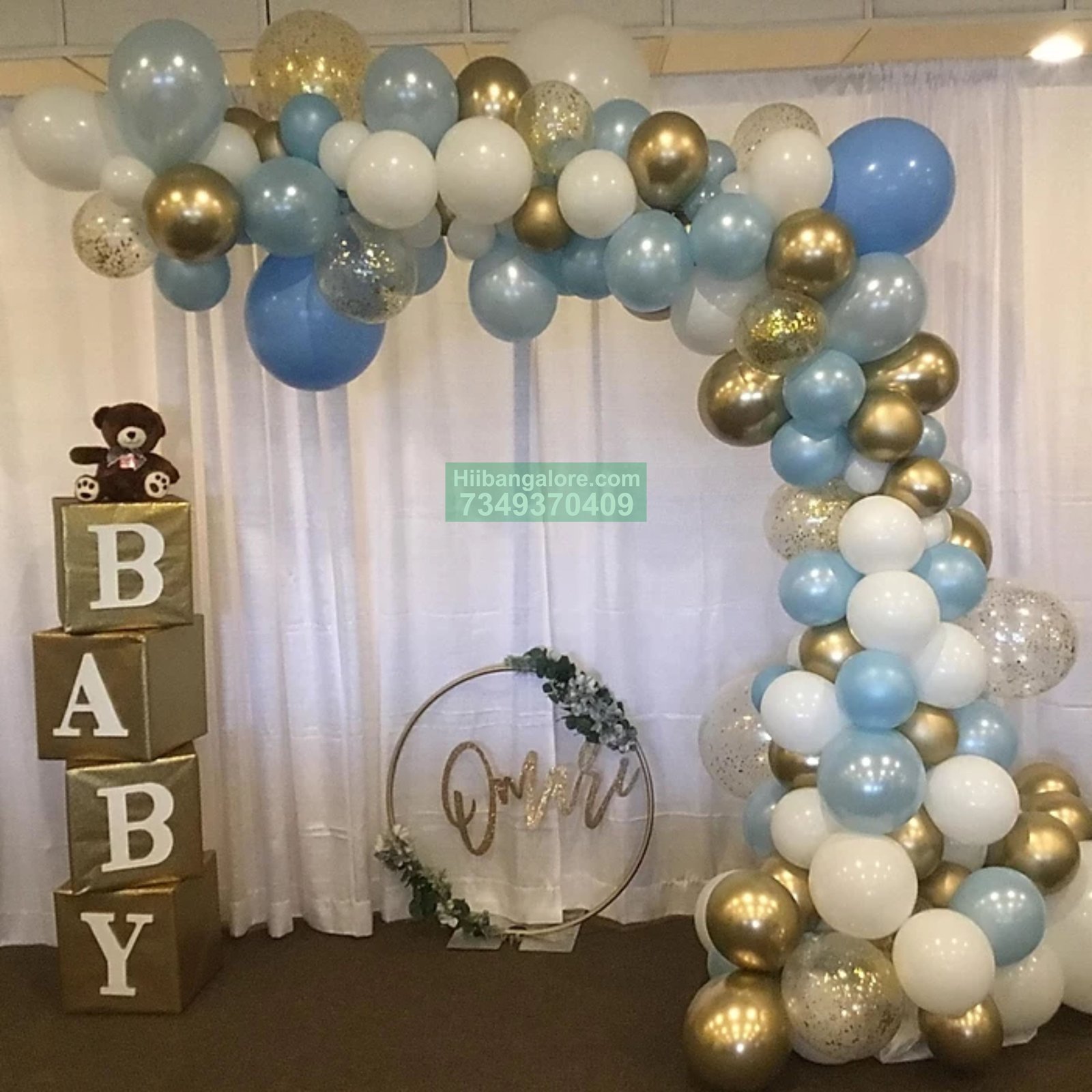 golden organic baby shower balloon decoration Bangalore