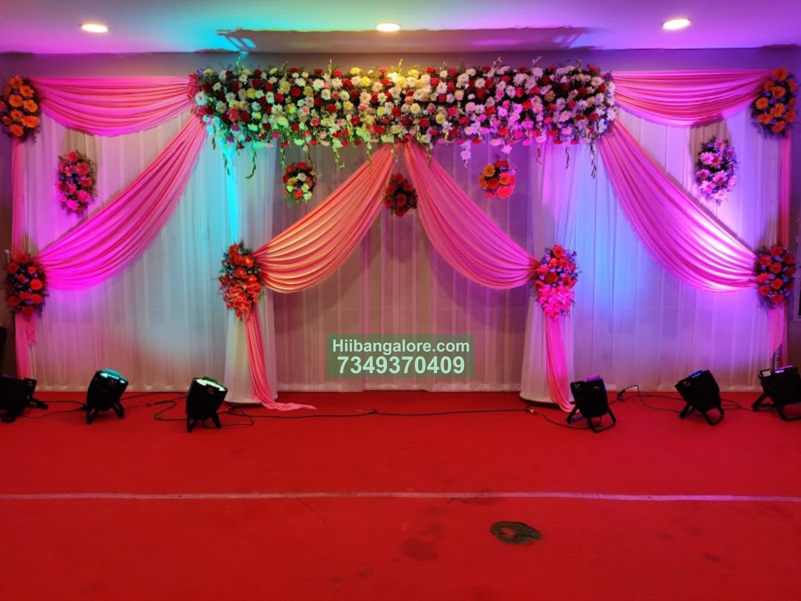 pink and white combo engagement flower decoration Bangalore