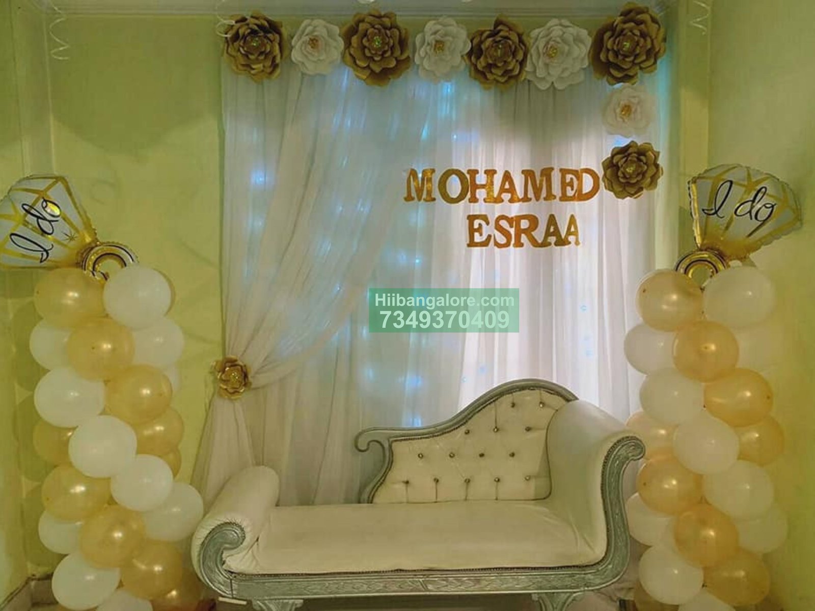 simple engagement decoration at home with balloons and paper craft Bangalore