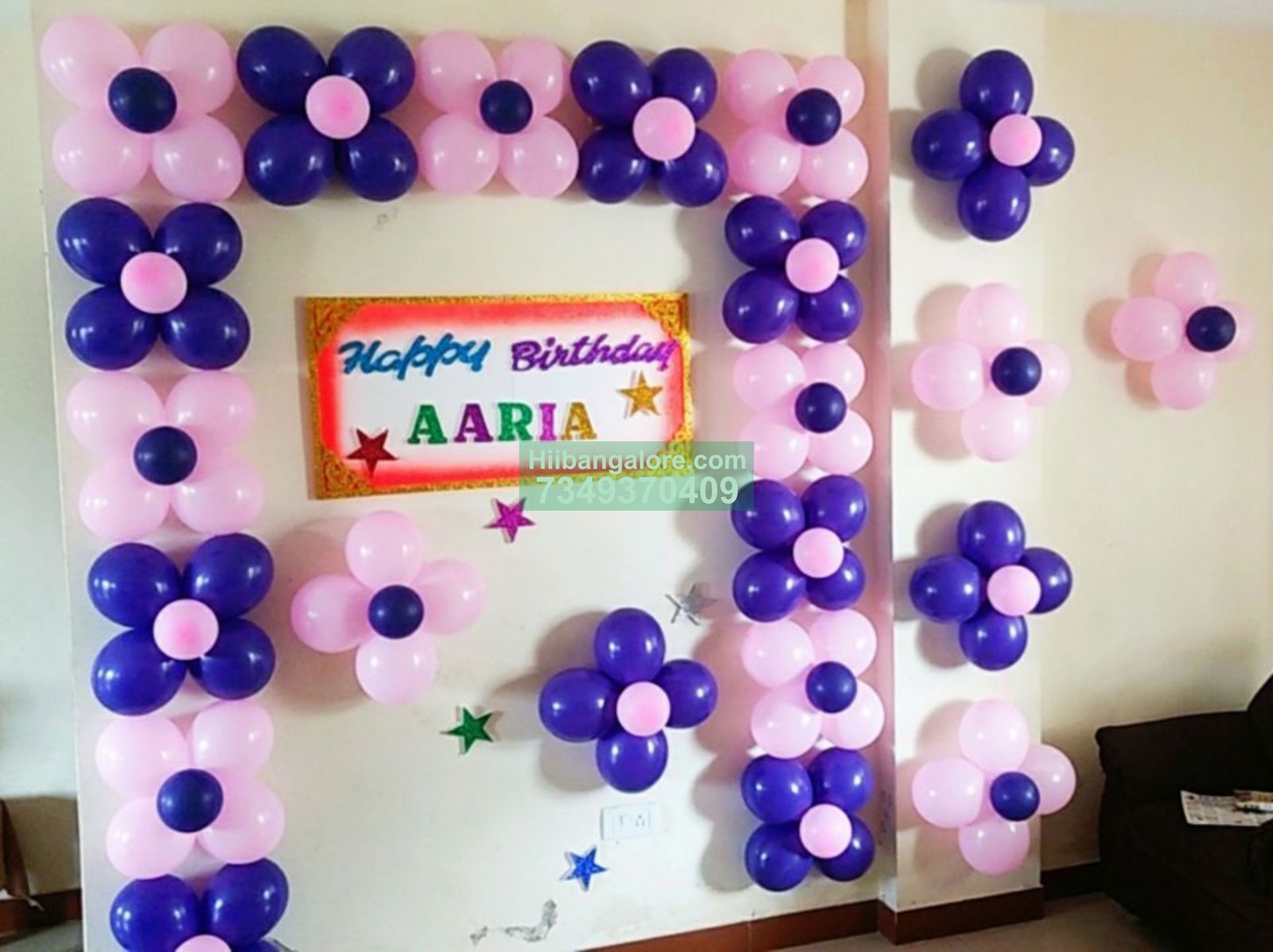 simple purple pink birthday decoration at home Bangalore