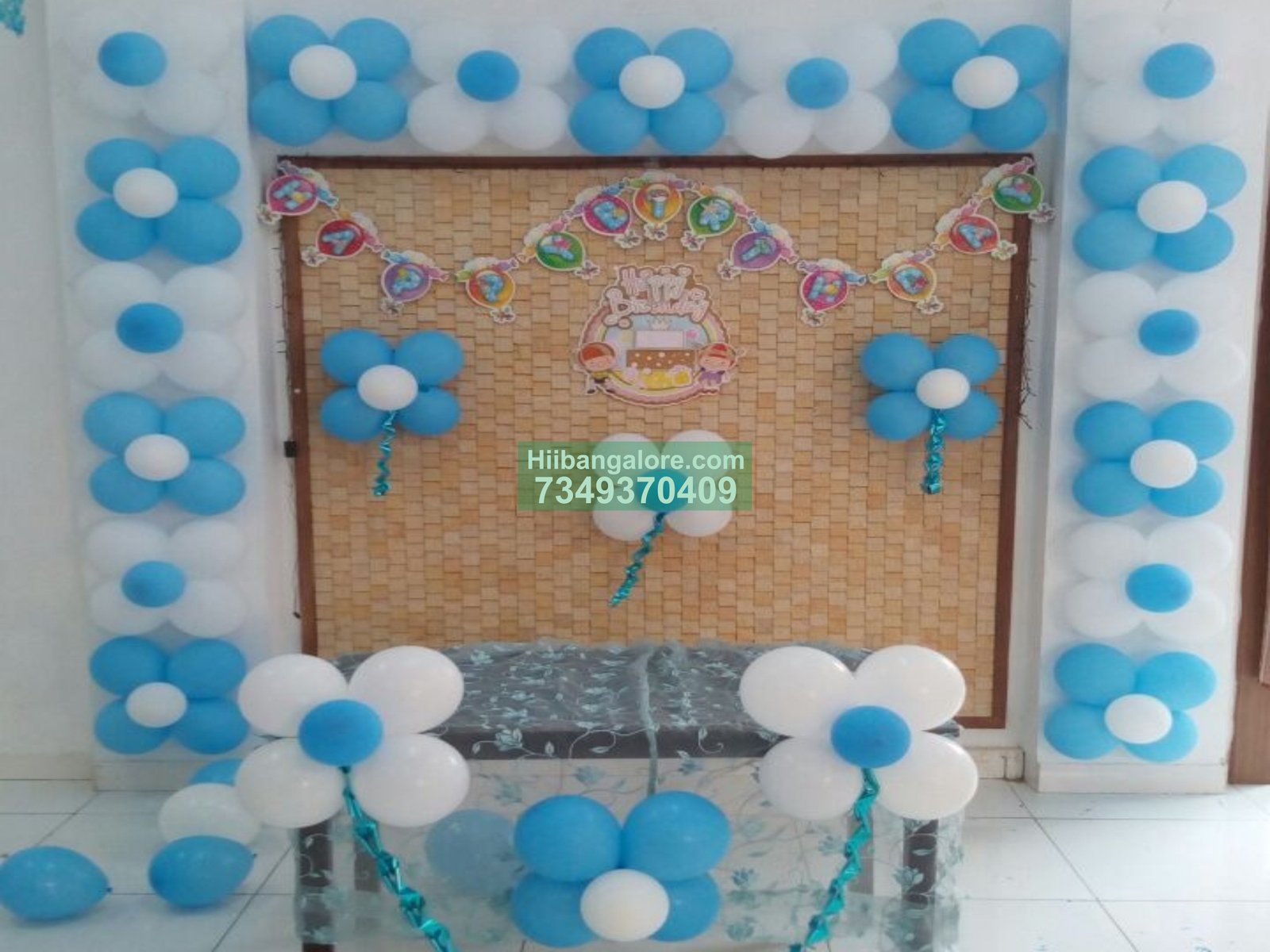 sky blue white balloon decoration at home Bangalore