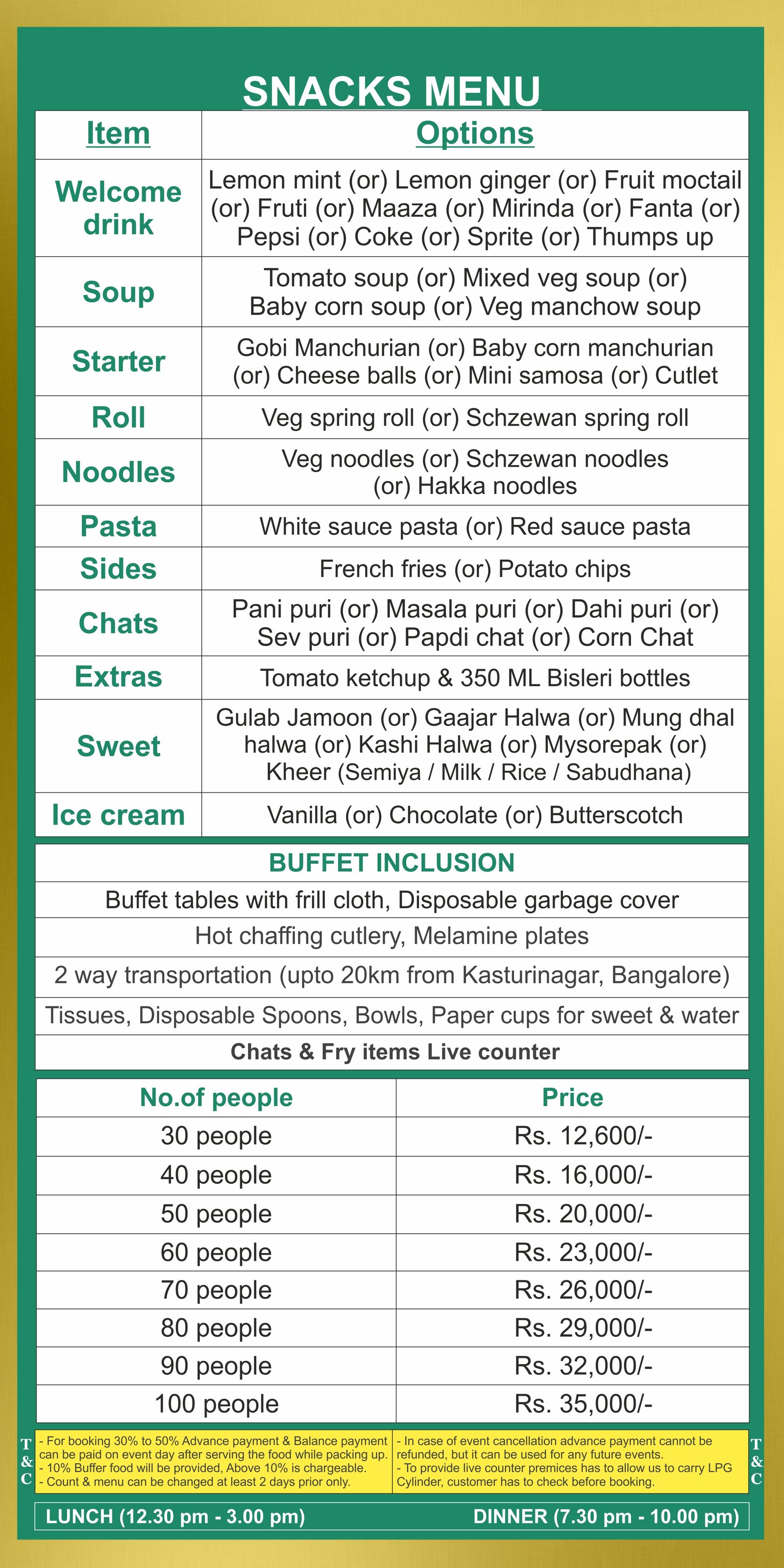 Snacks catering menu Bangalore