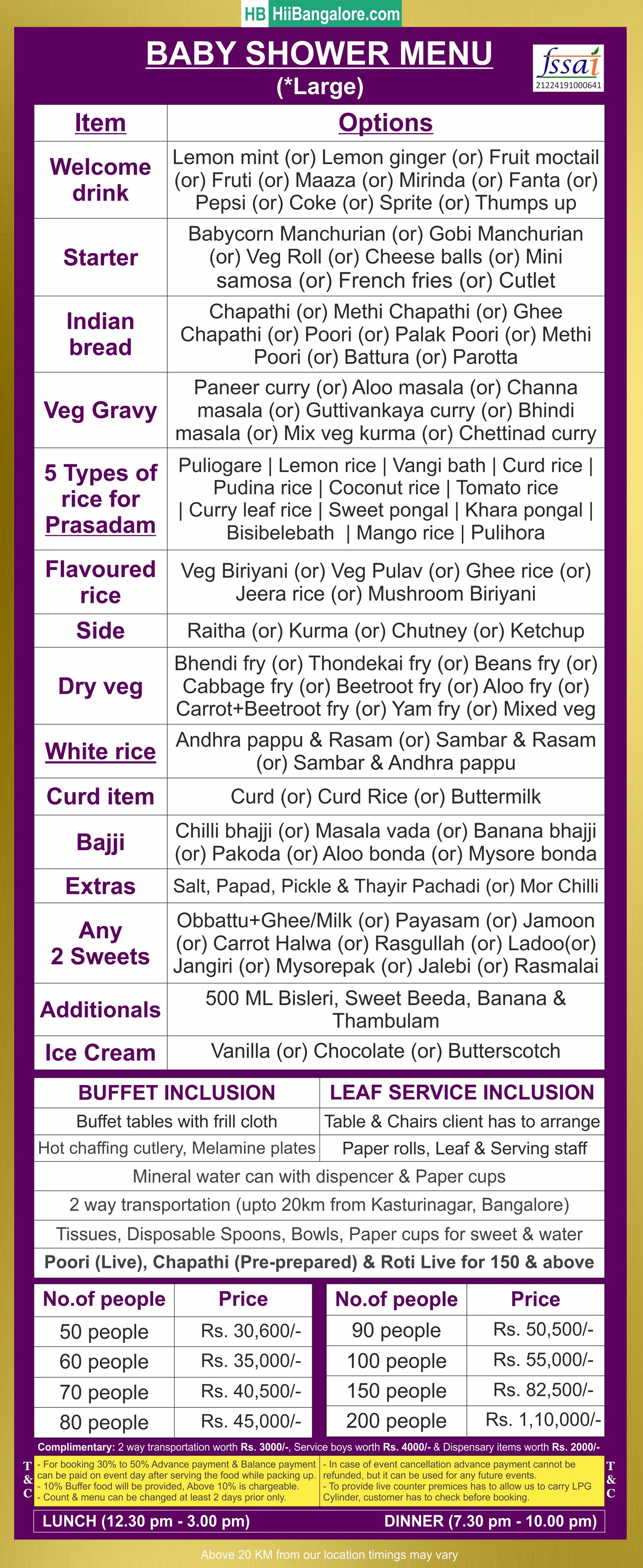 Babyshower large catering menu Bangalore
