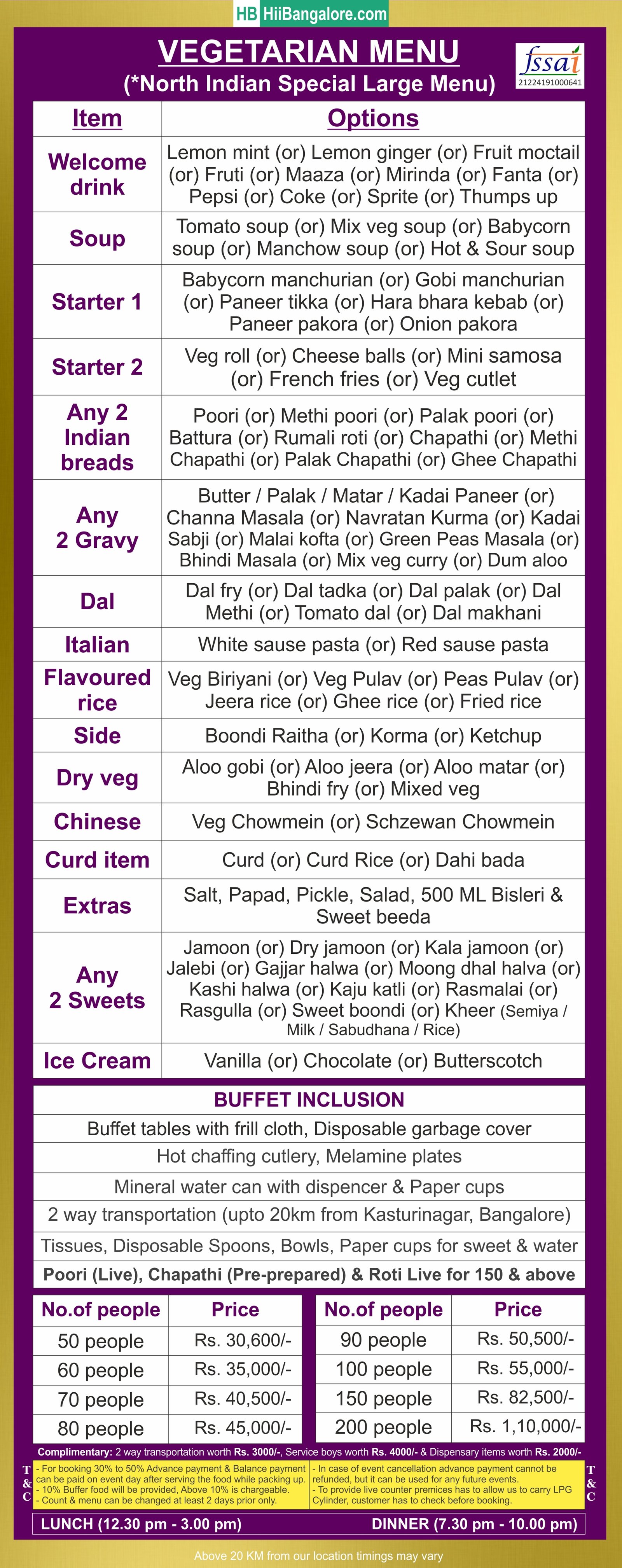 Large North Indian catering menu bangalore