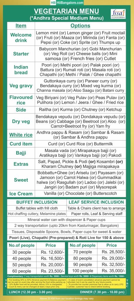 Authentic Andhra style medium catering menu in Bangalore suitable for weddings and family functions