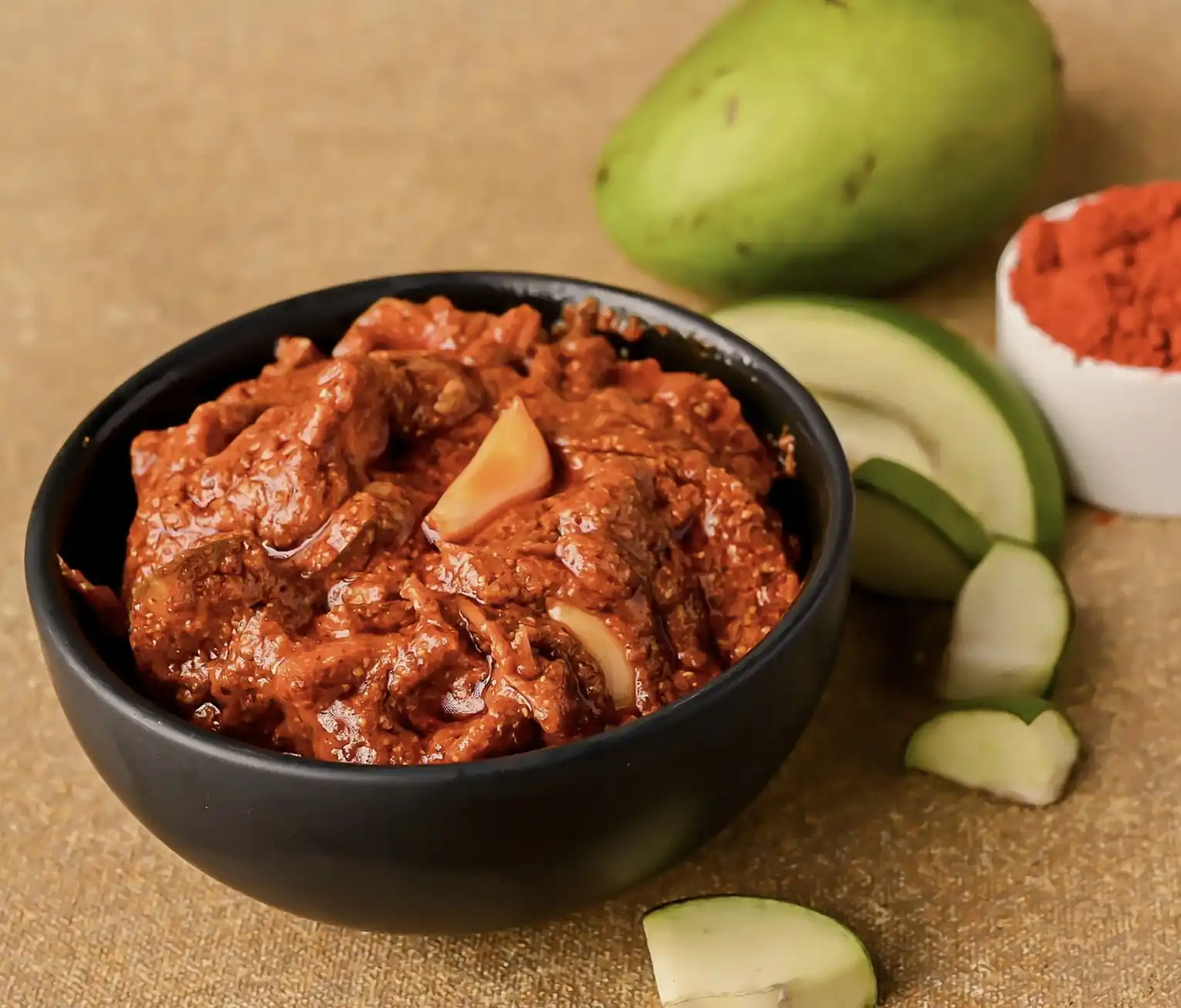 Traditional Andhra avakaya pickle served with catering meals