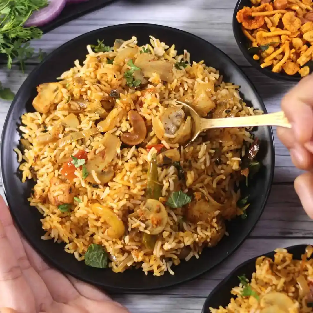 Andhra style mushroom biryani prepared for catering services in Bangalore