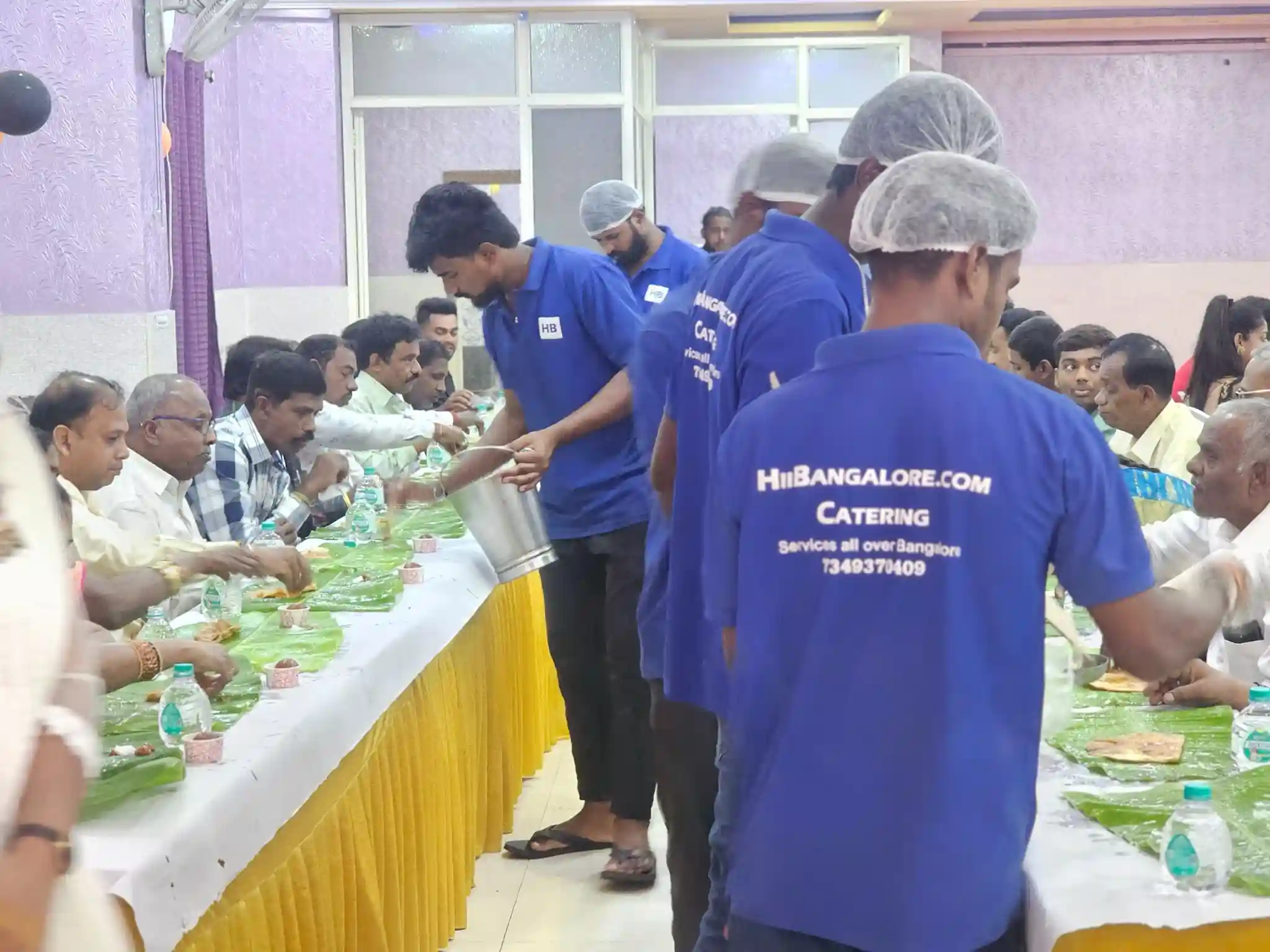 Complete Andhra full meal served on banana leaves to guests