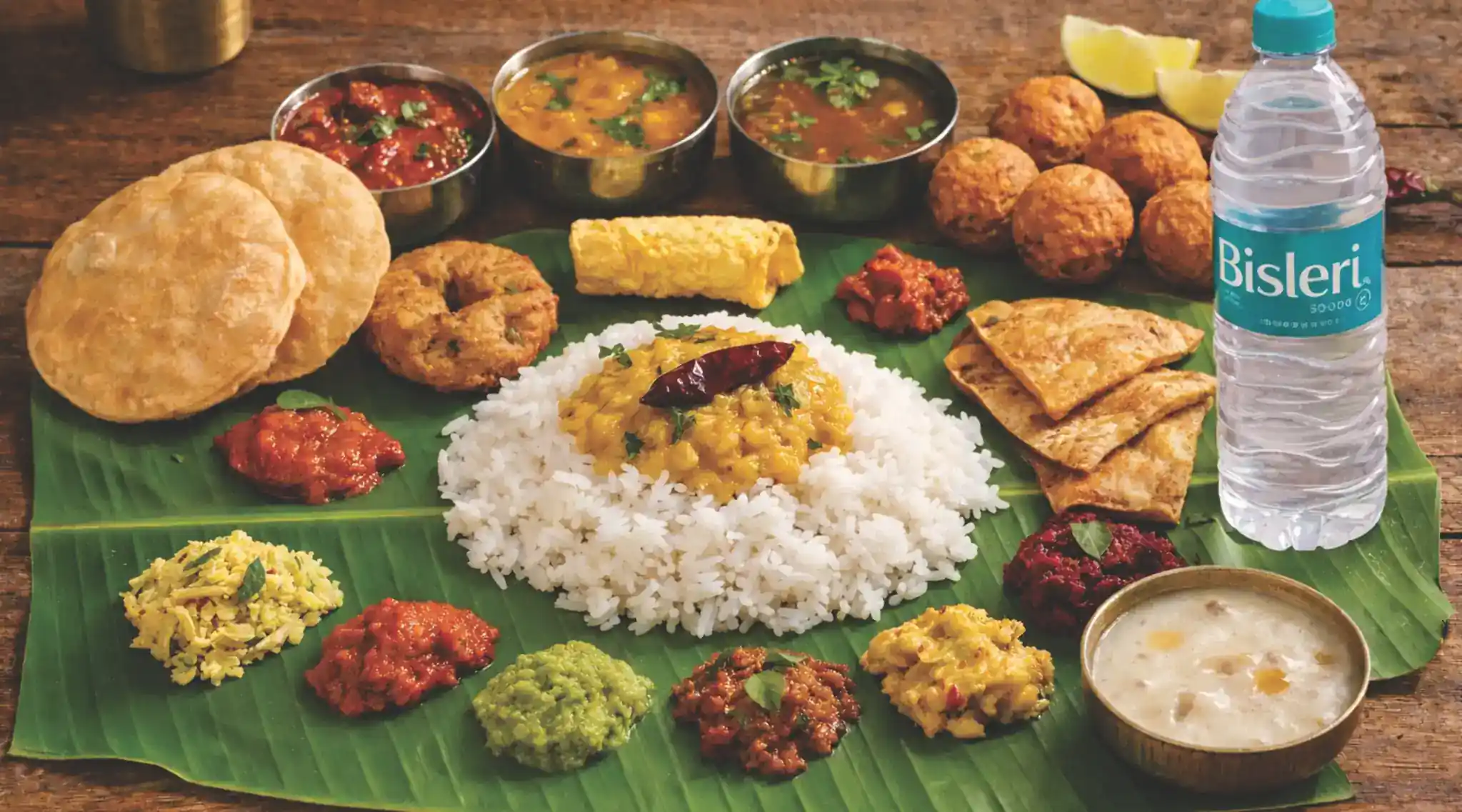 Andhra style vegetarian catering service in Bangalore serving traditional banana leaf meal with rice, dal, curries, poori, sweets and accompaniments