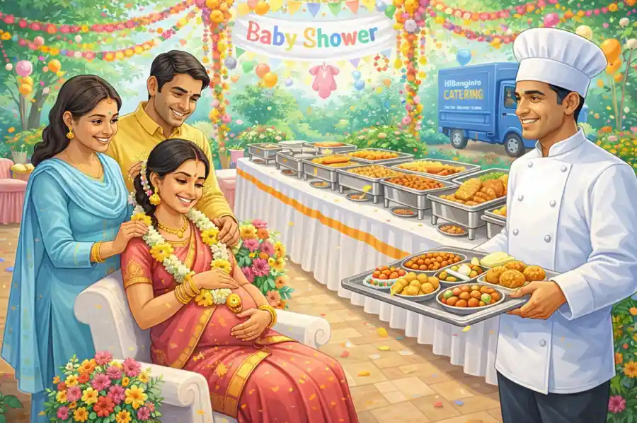 Baby shower catering setup with buffet counters and family celebrating
