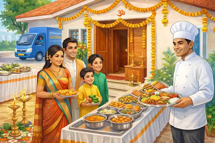 Family enjoying vegetarian catering during housewarming puja ceremony
