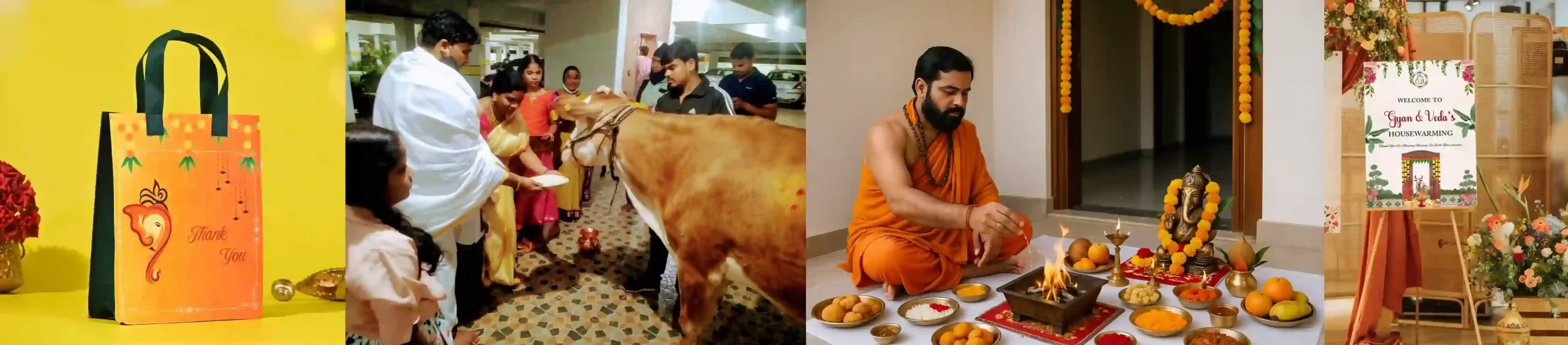 Housewarming ceremony collage showing return gift bag, cow pooja ritual, pandit performing homam, and decorative welcome board at the entrance.