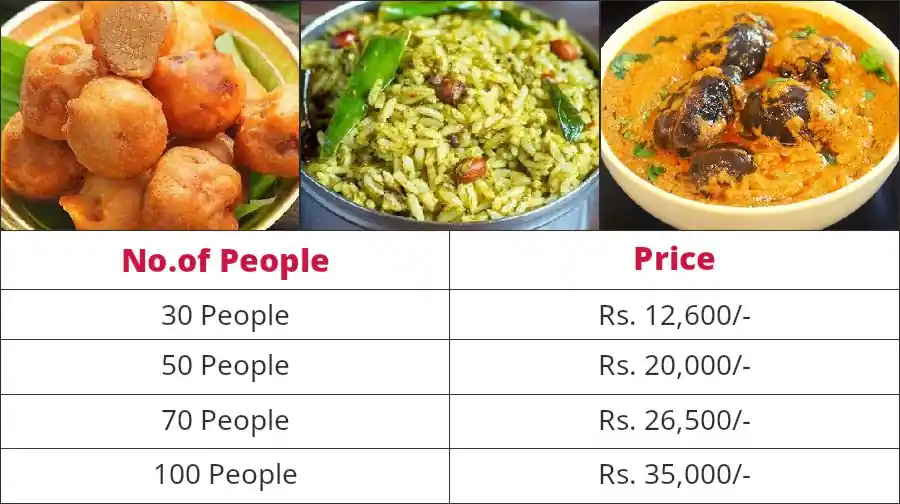 Andhra style vegetarian catering menu with price list for 30 to 100 people in Bangalore