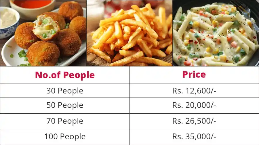 Vegetarian snacks catering menu with price list for 30 to 100 people in Bangalore