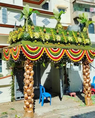 Pooja mandap chappara flower decoration for house warming function