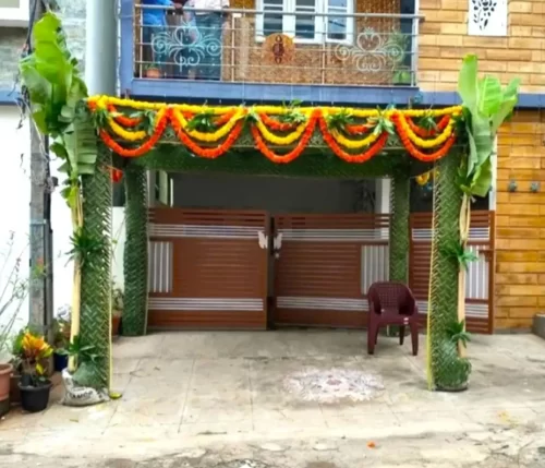 Grand chappara decoration with premium flowers for housewarming ceremony